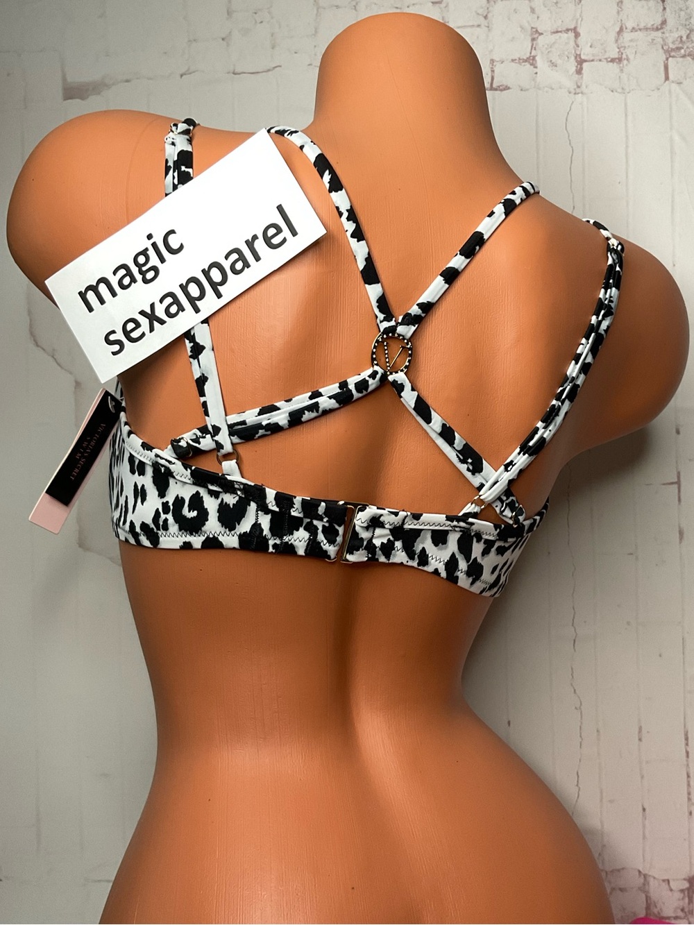 VS 36DD LOGO CRSTAL EMBELLISHMENTS PADDED BIKINI TOP RACERBACK PLUNGE LEOPARD